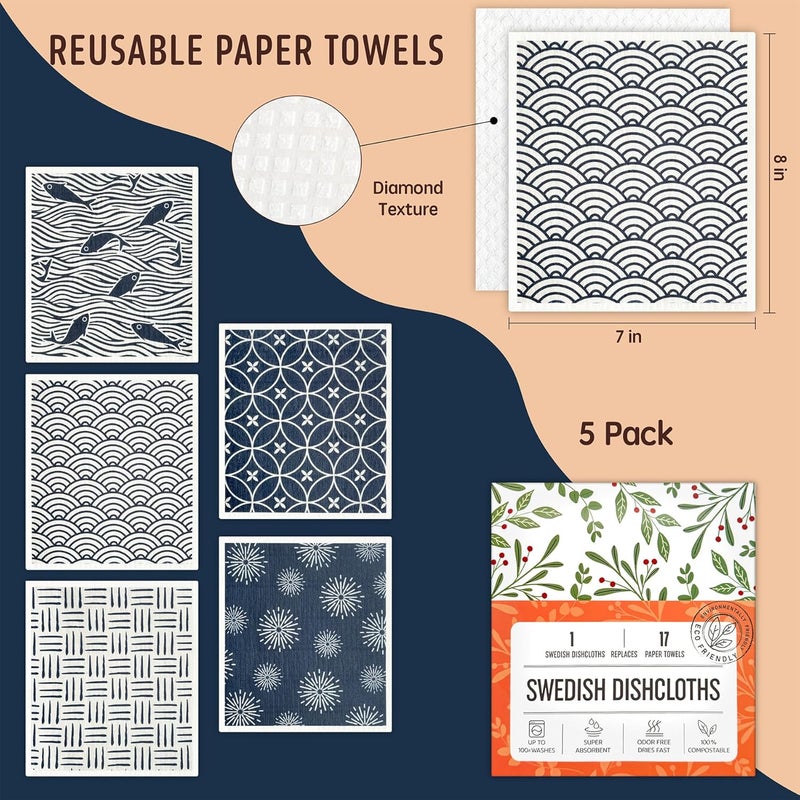 Augine Swedish Dishcloths, 5 Pack Swedish Dishcloths for Kitchen, Super Absorbent, Biodegradable, Quick Drying, Dishwasher Safe - Image 2